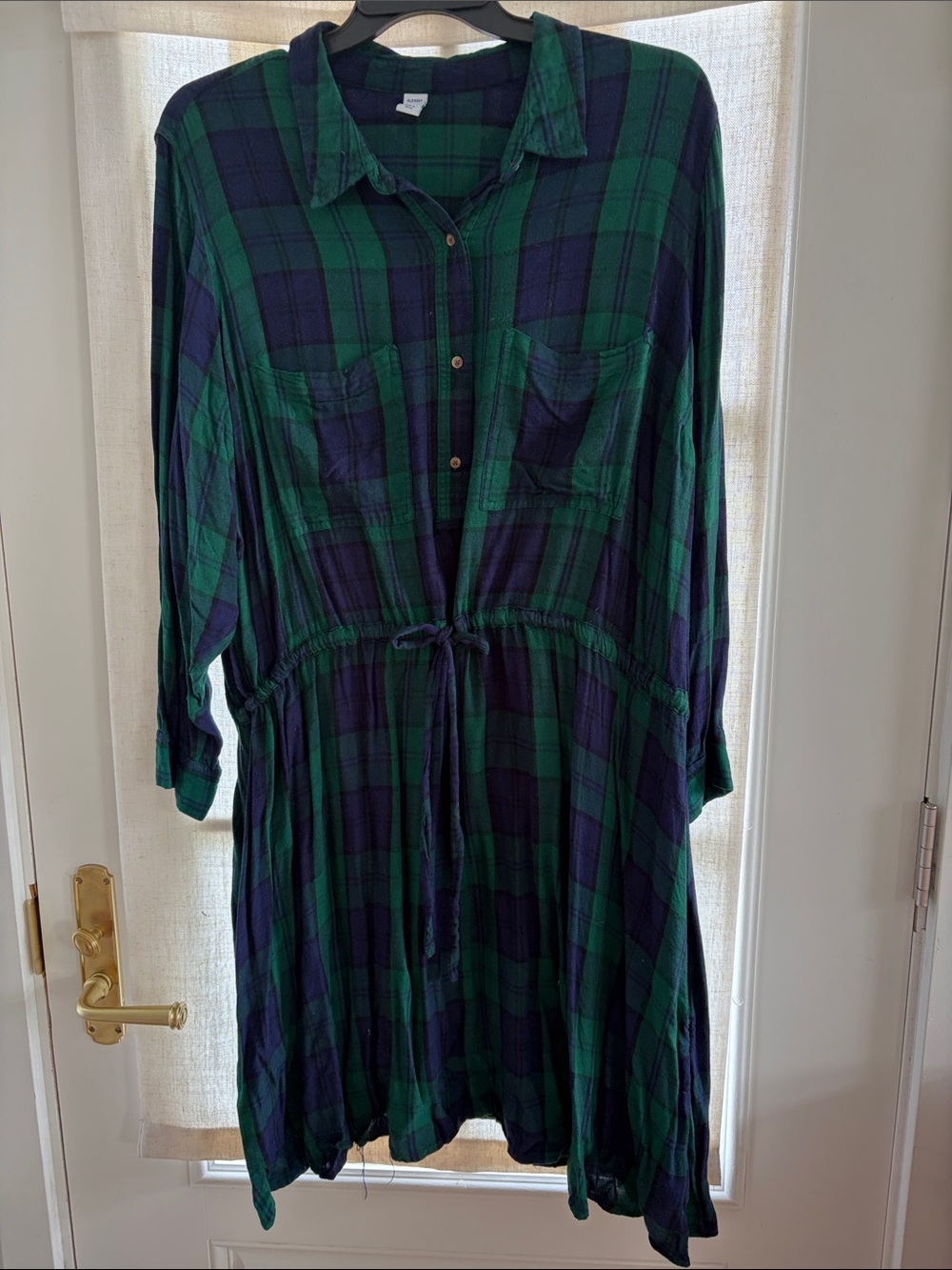 Old Navy Green and Navy Plaid Button-Front Shirt Dress